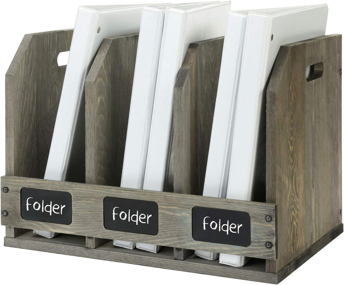 MyGift Gray Wood Magazine Holder with 3 Compartments & Chalkboard Labels