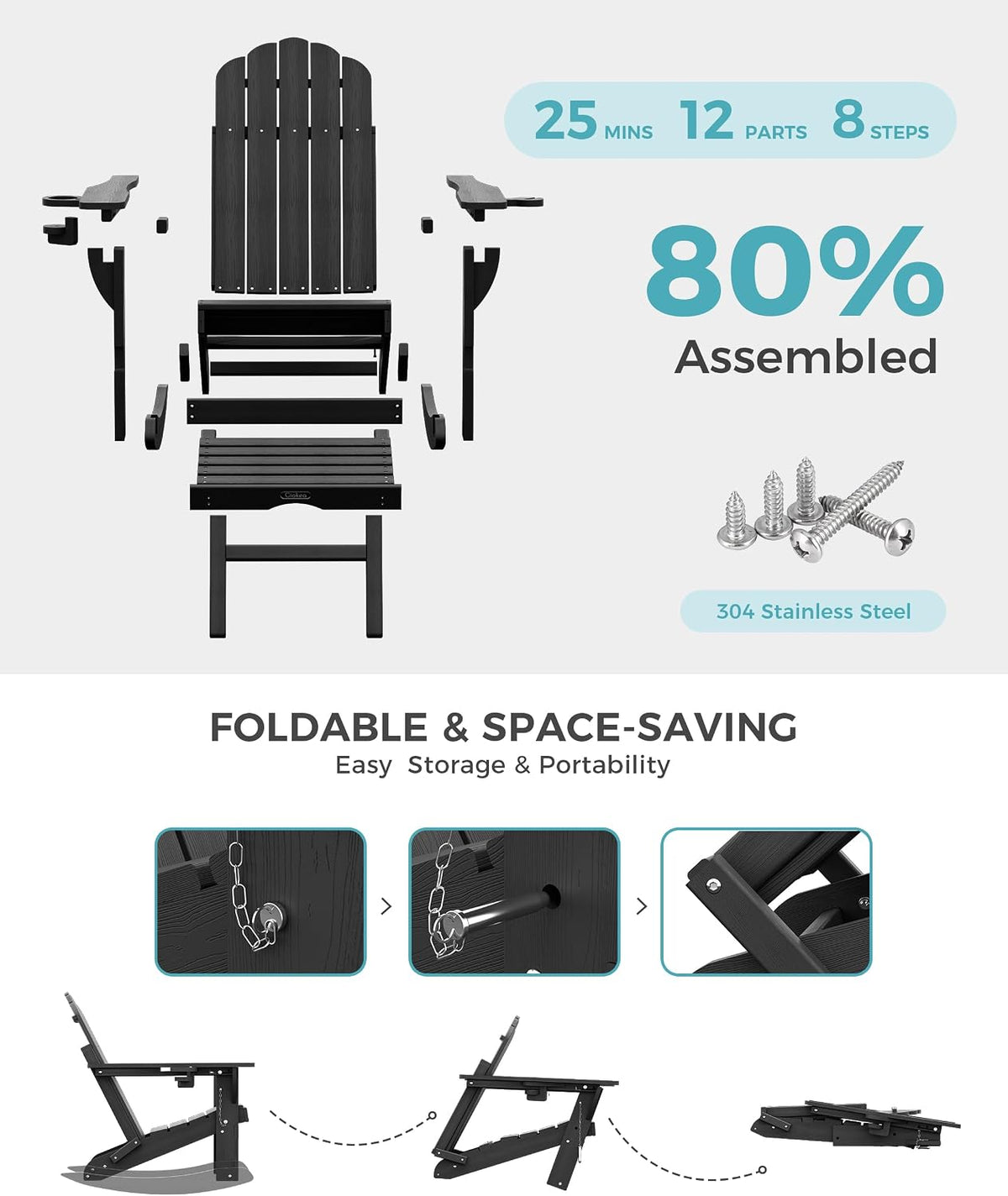Ciokea Rocking Adirondack Chairs Set of 2 with Footrest (Dark Grey)