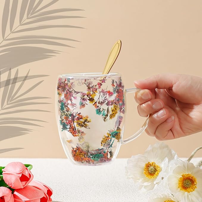 Gifts for Women Dried Flowers Double Wall Glass Coffee Mugs Cute Glass Tea Cups