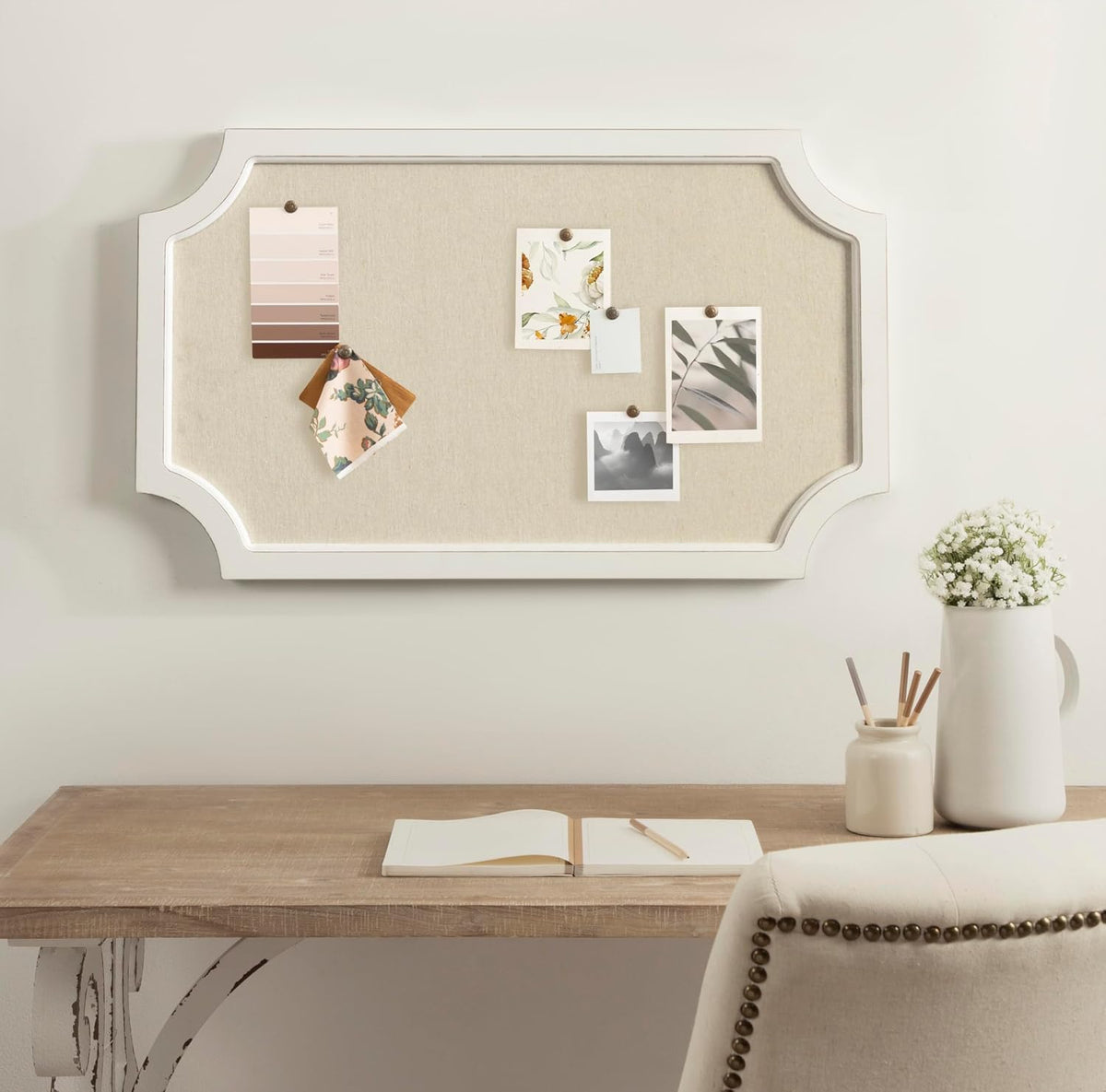 Hogan Framed Scalloped Decorative Wall Pinboard; White; 18 x 30; Rustic Modern Farmhouse Bulletin Board for Wall Organization and Decorative Displays
