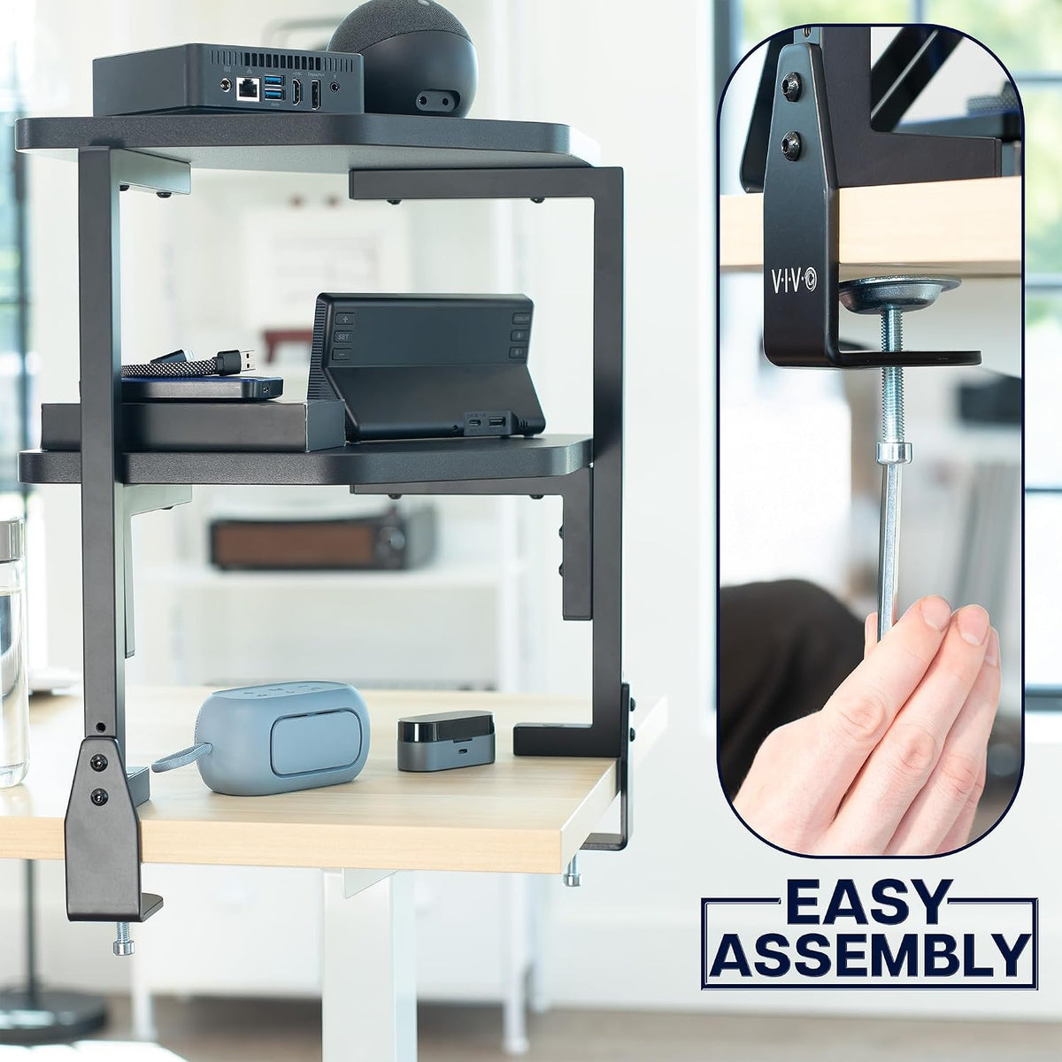VIVO Black Corner Clamp-on 17 in 2-Tier Desk Shelf, STAND-SHELF2CR