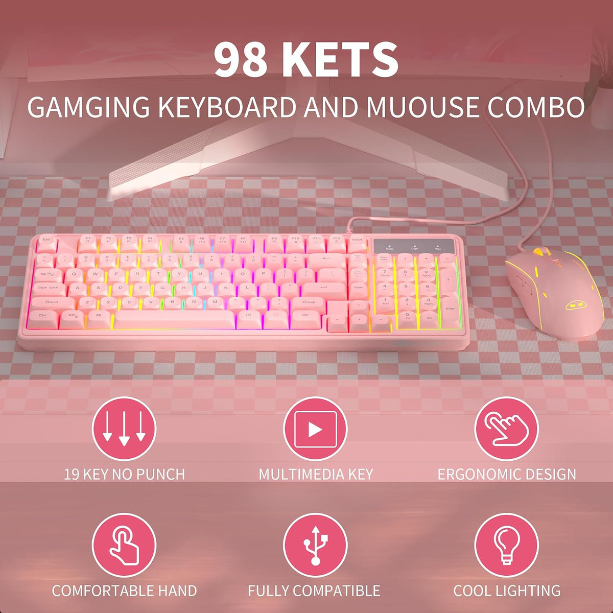 Pink Creamy Keyboard and Mouse Combo,MageGee GK980 Wired RGB Backlit Keyboard and Pink Gaming Mouse Combo,PC Keyboard and Adjustable Sensitivity Mouse for PC/loptop/MAC