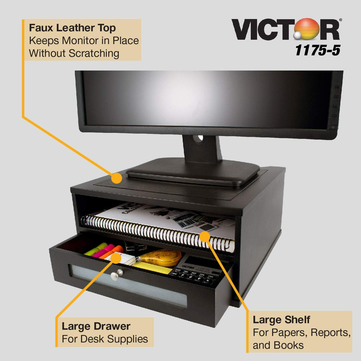 Victor Monitor Riser with Drawer and Storage Shelf - Wood Monitor Stand for Desk, Desk Organizer with Faux Leather Top, Organize Office Supplies, 13 x 13 x 6.5-Inches, Midnight Black