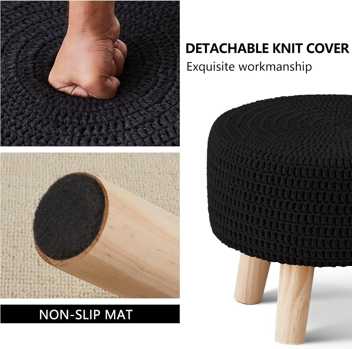 Wimarsbon Small Ottomans, 100% Hand Knitted Pouf Ottoman, Round Footrest with 4 Non-Skid Wood Legs, Boho Décor Cotton Rope Pouffe, Leisure Floor Step Chair for Living Room (Black)