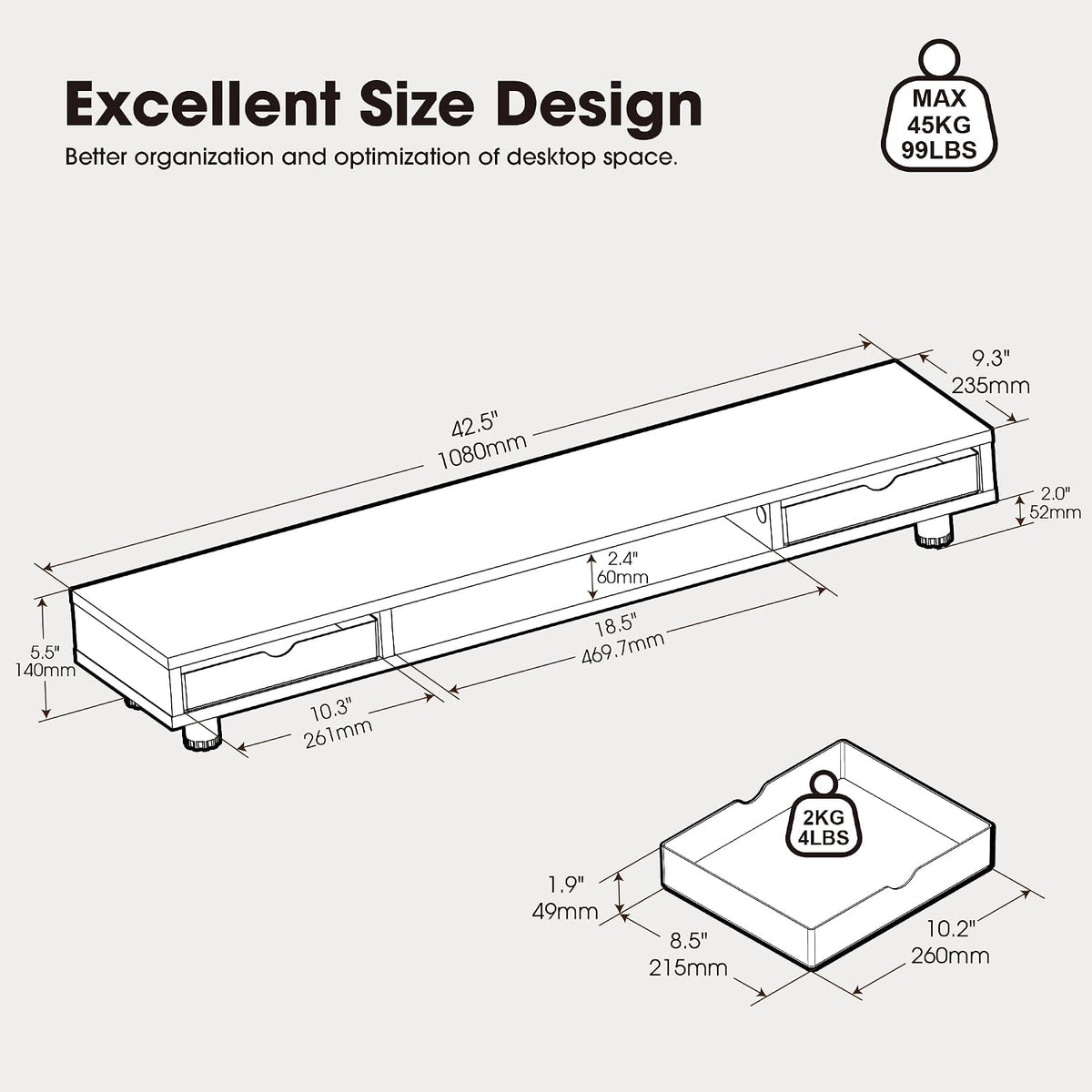 Fenge Dual Monitor Riser with 2 Drawers, 42.5in Long Desk Shelf, Black