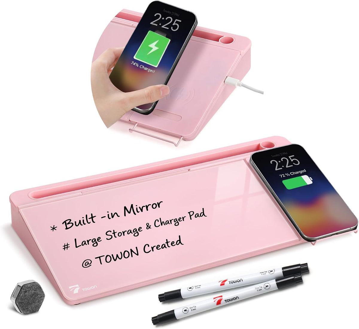 TOWON Glass Desk Whiteboard 17x6 in, Wireless Charger and Storage, Pink