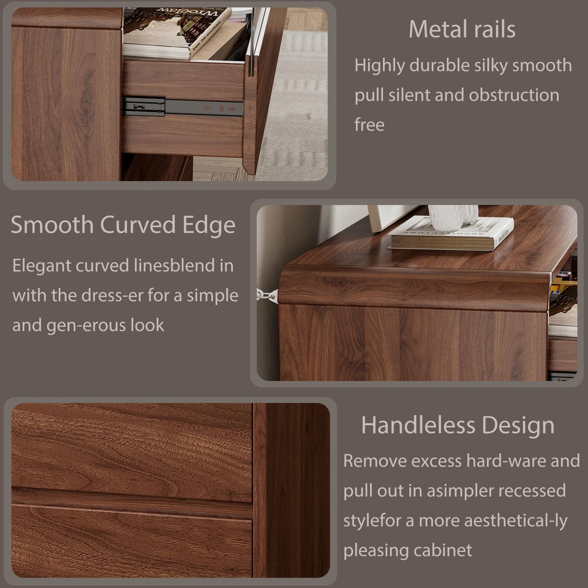 Ieejdn 47.2" Dresser with 6 Drawer, Wide Dresser with Recessed Glass Display & Silent Metal Rails, Handleless Chest of Drawers for Clothes, and Bedding, Russet