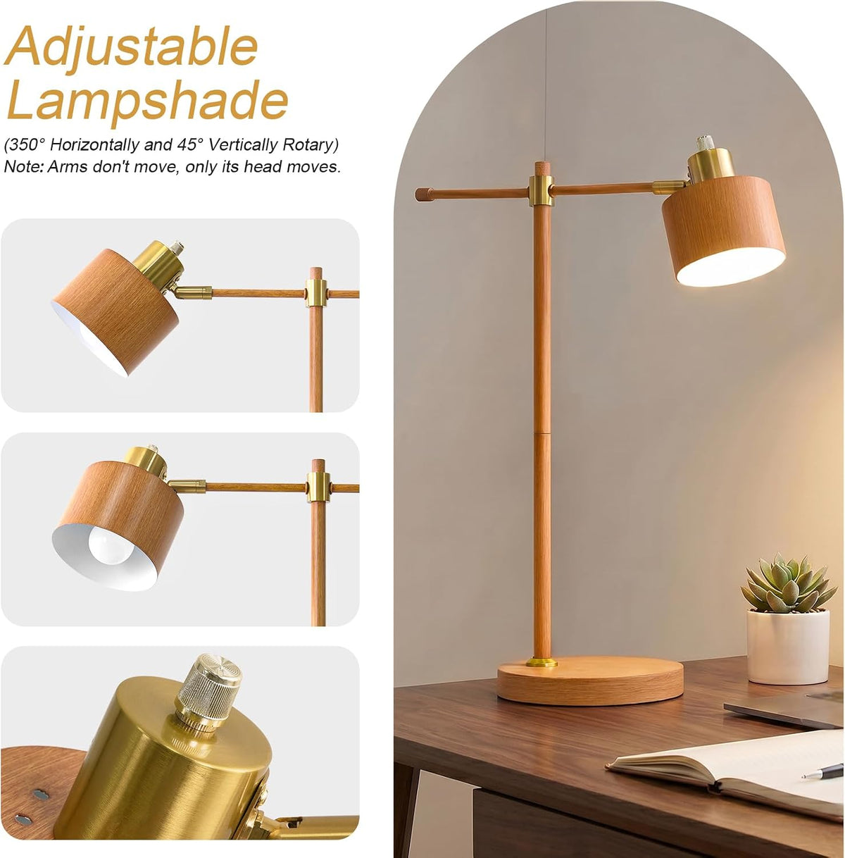 OYEARS 22.2" Mid Century Desk Lamp, Modern Metal Table Lamp with LED Bulb, Adjustable Reading Lamps, Industrial Task Lamp for Home Office, Farmhouse Bedside Lamps with Solid Base, Woodgrain