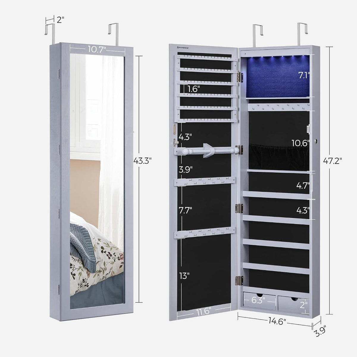 SONGMICS 6 LEDs Mirror Jewelry Cabinet, 47.2-Inch Tall, Lockable