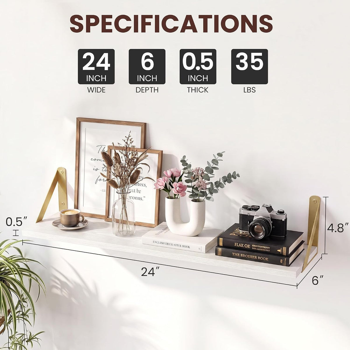White Shelves for Wall 6 Inch Deep, 24x6 Set of 2, White&Gold