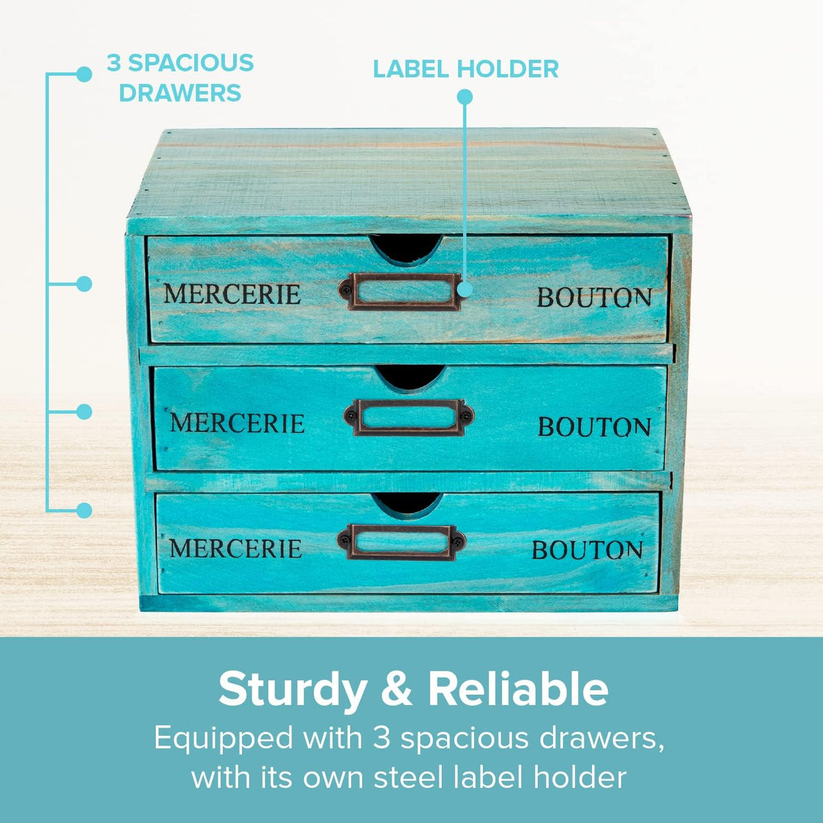 Turquoise 3-Tier Drawer Unit - European Country Style Desk Organizer Box - 9.7x7x7.5" Wooden Teal Stackable Drawers - Countertop Organizer Drawers w/Label Holder - Triple File Drawer Unit