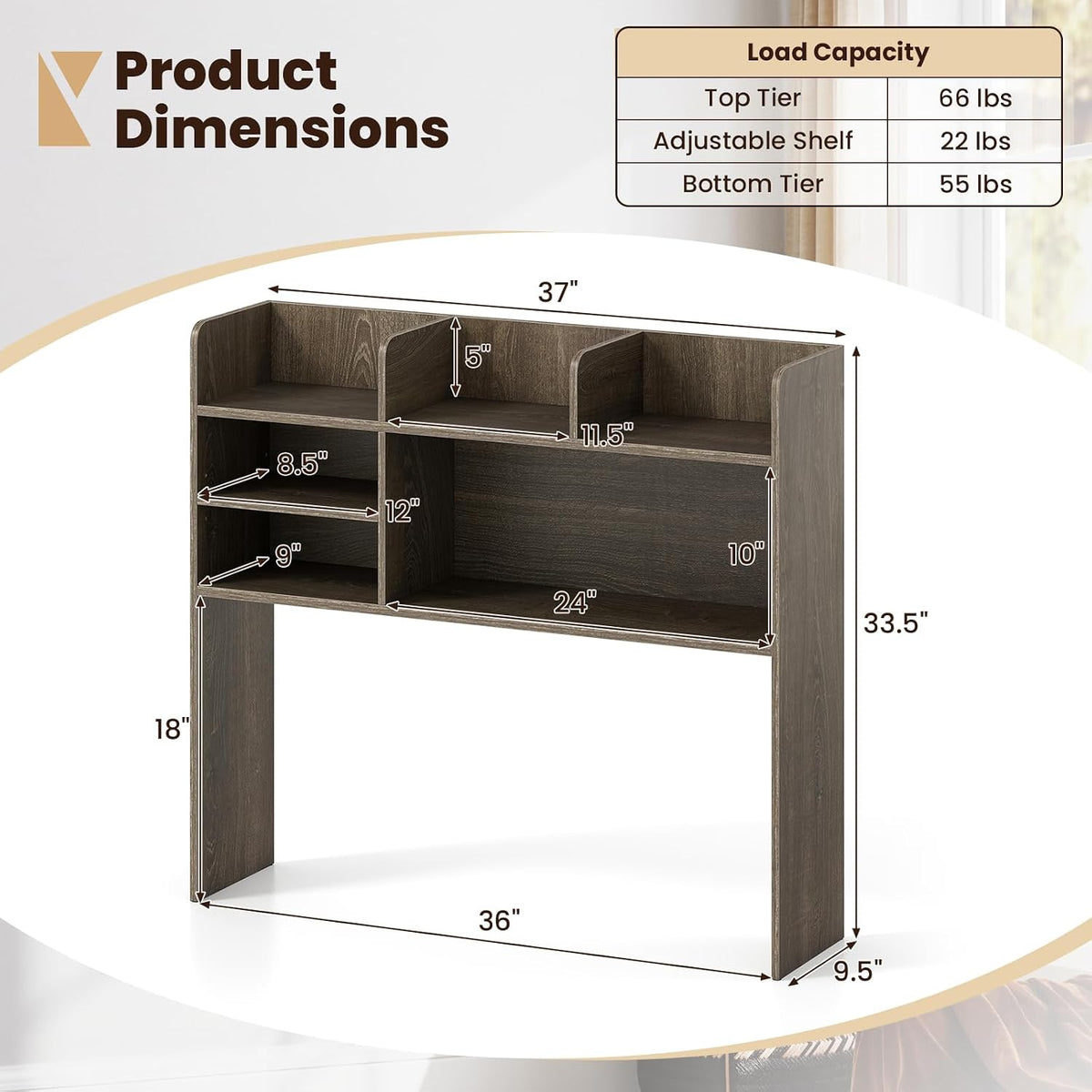 GIANTEX Desktop Bookshelf, 37" Desk Hutch Dorm for Computer Up to 32 Inch, Countertop Hutch w/6 Storage Shelves, 3-Tier Desktop Organizer Display Rack, Wood Desk Shelf for Home Office (Grey Oak)