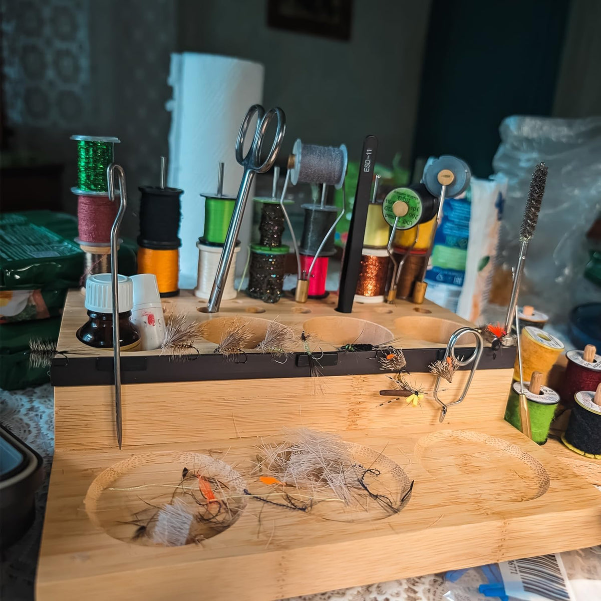 Raprance Wooden Fly Tying Fishing Kit Organizer Fly Tying Tool Caddy Desktop Storage Rack