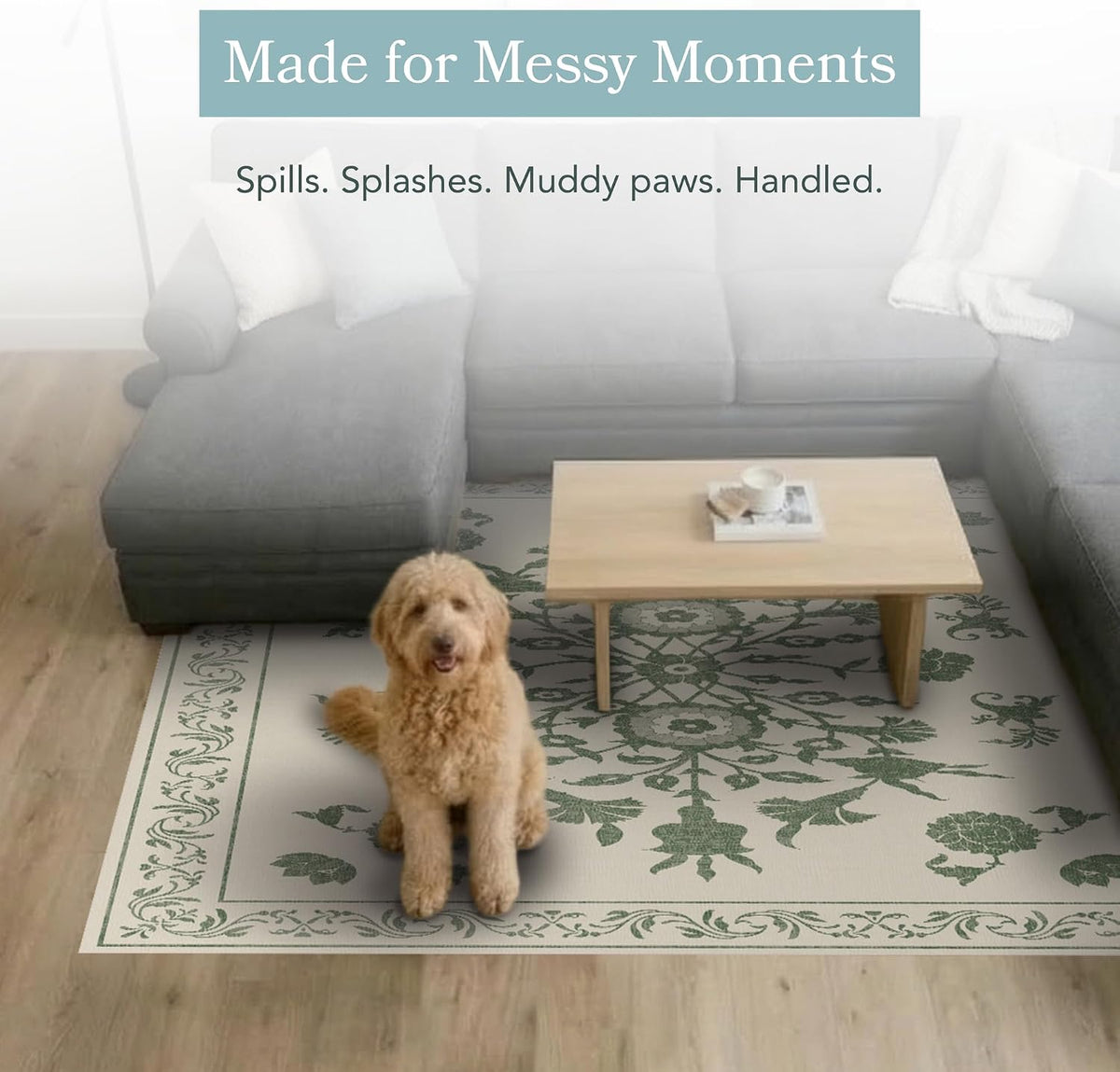 Carolina Creekhouse Vinyl Floor Mat 4'x6' - Green & Cream Floral Pattern - Waterproof Non-Slip Kitchen Rug - Hard Floor Safe - Eco-Friendly Flat Weave - 4'x6'