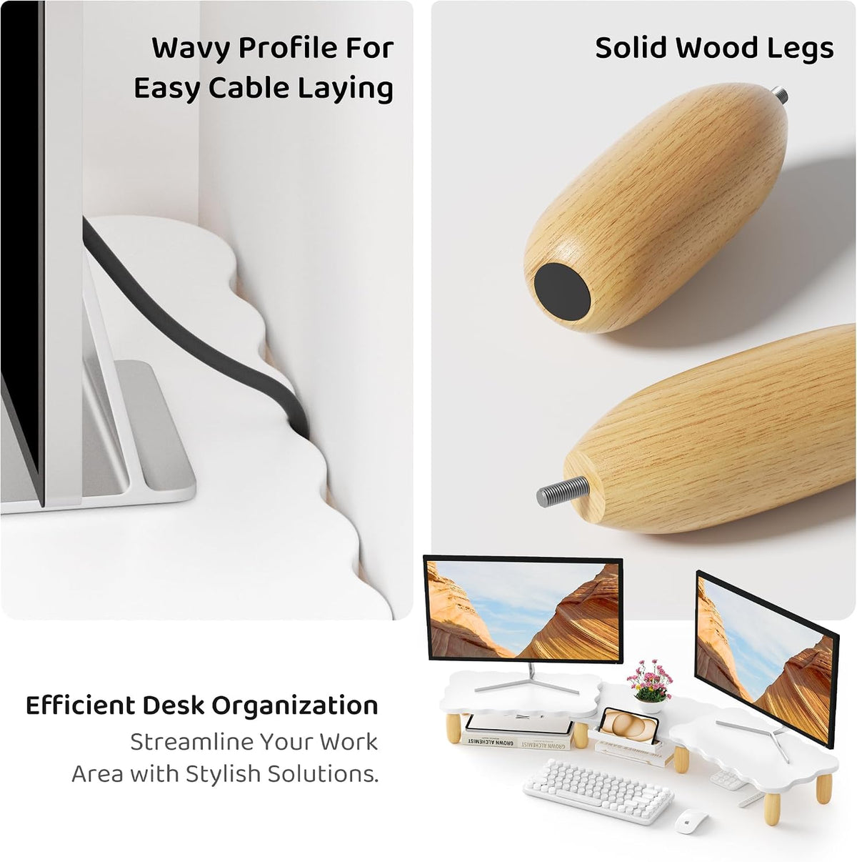 AFOOYO Dual Monitor Riser, Cookie-Shaped Adjustable Length & Swivel Angle, Wooden Desktop Organizer for 2 Monitors,Monitor Stand with Drawer for Laptop, PC, Computer, Printer,White