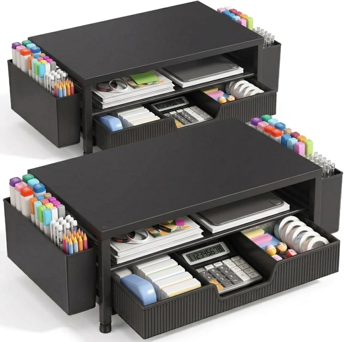 ECOLOVI Desk Organizer and Accessories, 2-Tier Computer Monitor Stand Rise with Storage Drawer & 2 Pen Holders, Laptop & Printer Stand for Desktop, Workspace Organizers for Office Supplies (Black 2-Pack))