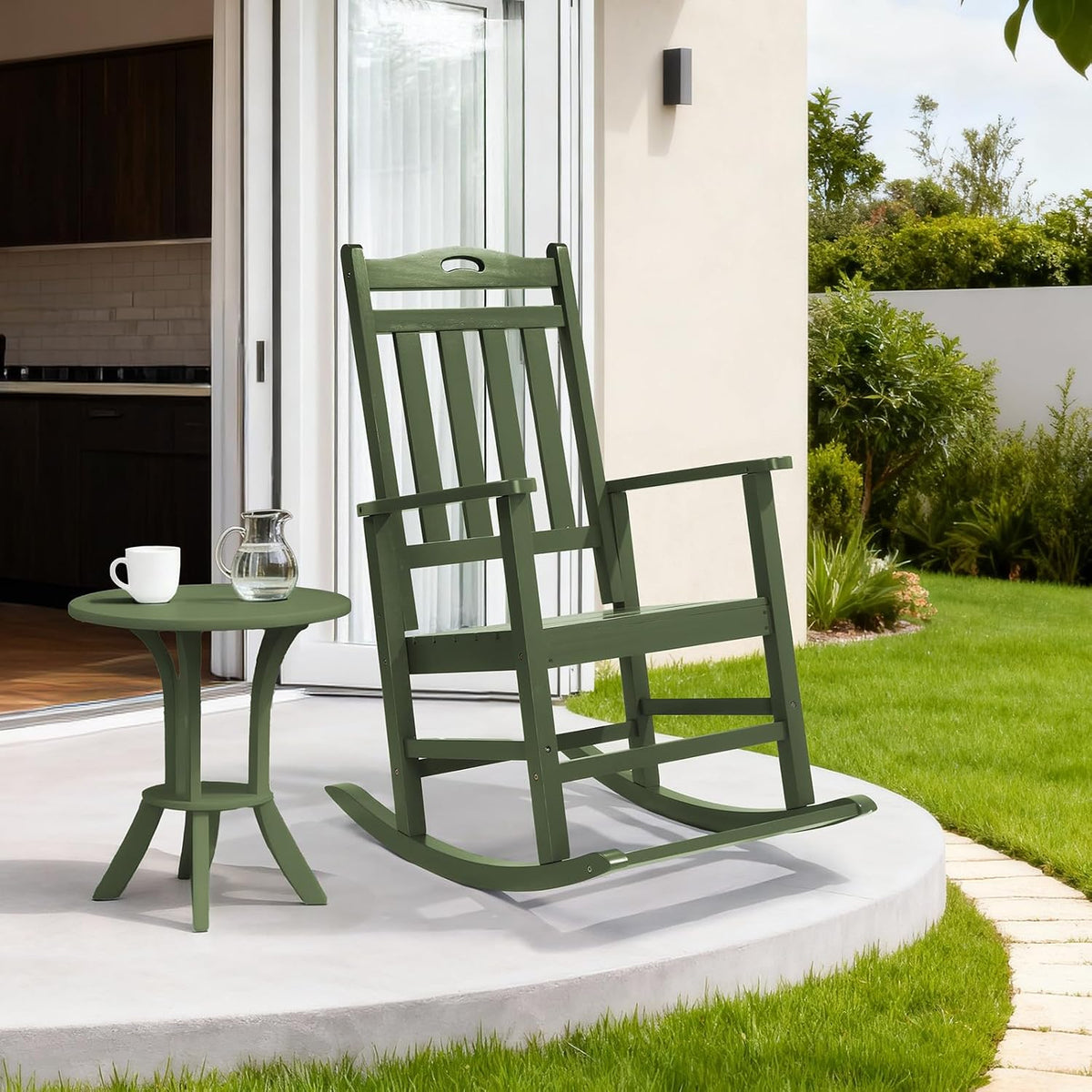 VINGLI Outdoor Rocking Chair with Footrest, Wooden Rocking Chair, Green