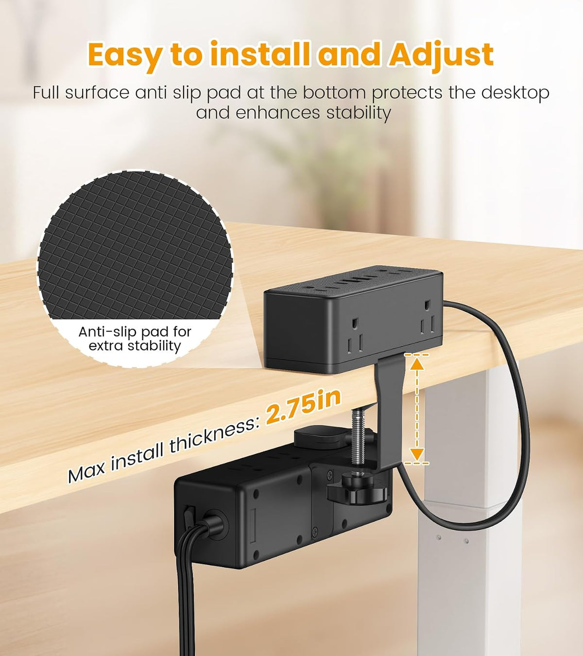 VILONG Dual Layer Desk Clamp Power Strip, 13 Outlets, 45W USB-C, 5FT Cord