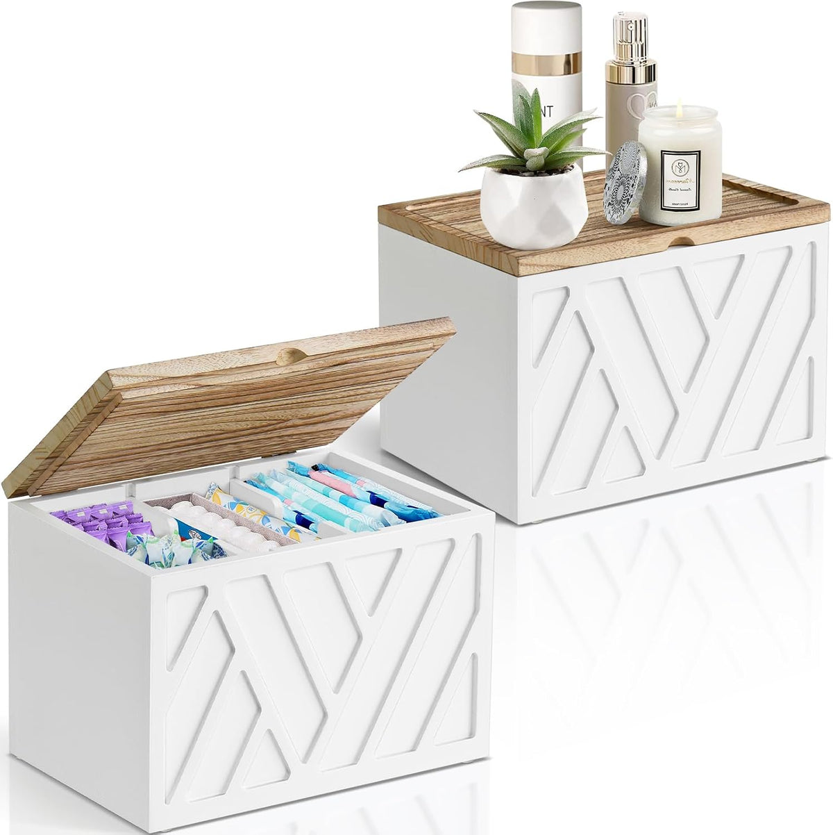 Jorkol 2 PCS White Tampon Holder for Bathroom Decor, Feminine Product Organizer with Lid, Shark Week Tampon Storage, Wood Pad and Tampon Organizer for Toilet Organizer, Bathroom Accessories Box