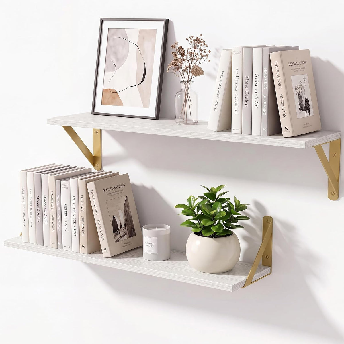White Shelves for Wall 6 Inch Deep, 24x6 Set of 2, White&Gold