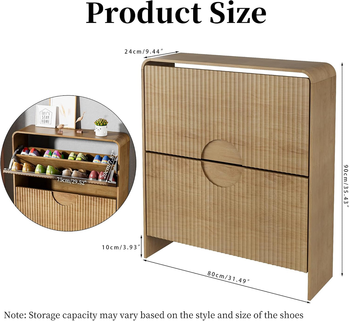 Narrow Shoe Cabinet for Entryway, Fluted Entry Way Shoe Storage Cabinet with 2 Flip Drawers Doors, Slim Hidden Shoe Rack Organizer for Entrance, Foyer, Hallway, Wood, 2 Tier