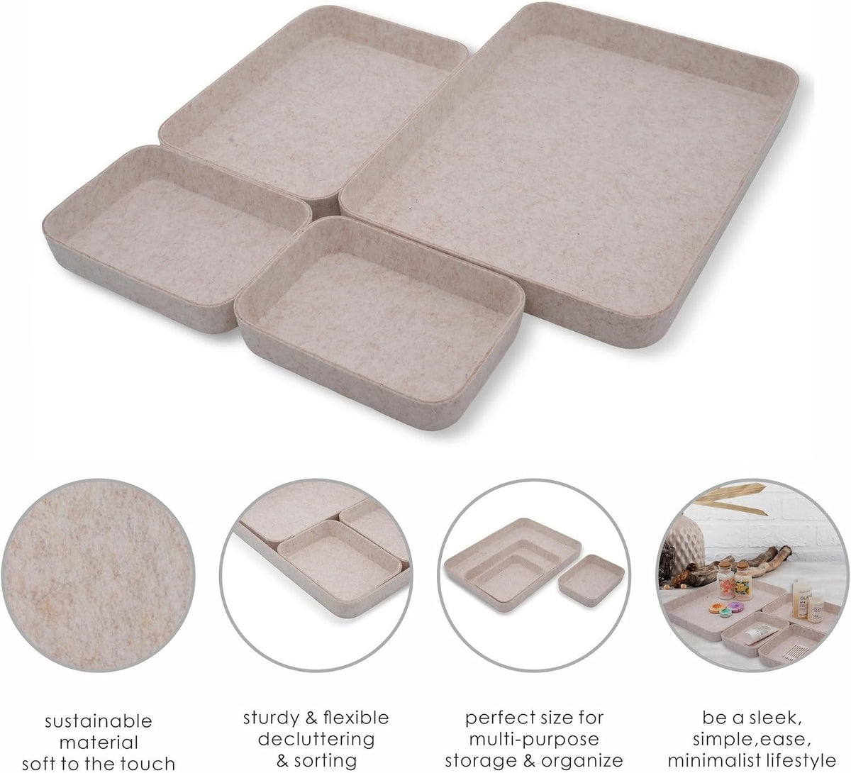 Welaxy Felt Desk Organizer Trays Fit 15" Laptop Drawer Bins 4-Pack Oatmeal