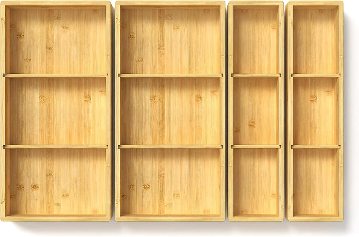 DUJEN 4 Packs Bamboo Drawer Organizer 2 pieces 12.6 * 6inches and 2 pieces 12.6 * 3.2inches, Adjustable 3 Individual Junk Drawer organizer for Bathroom and Kitchen
