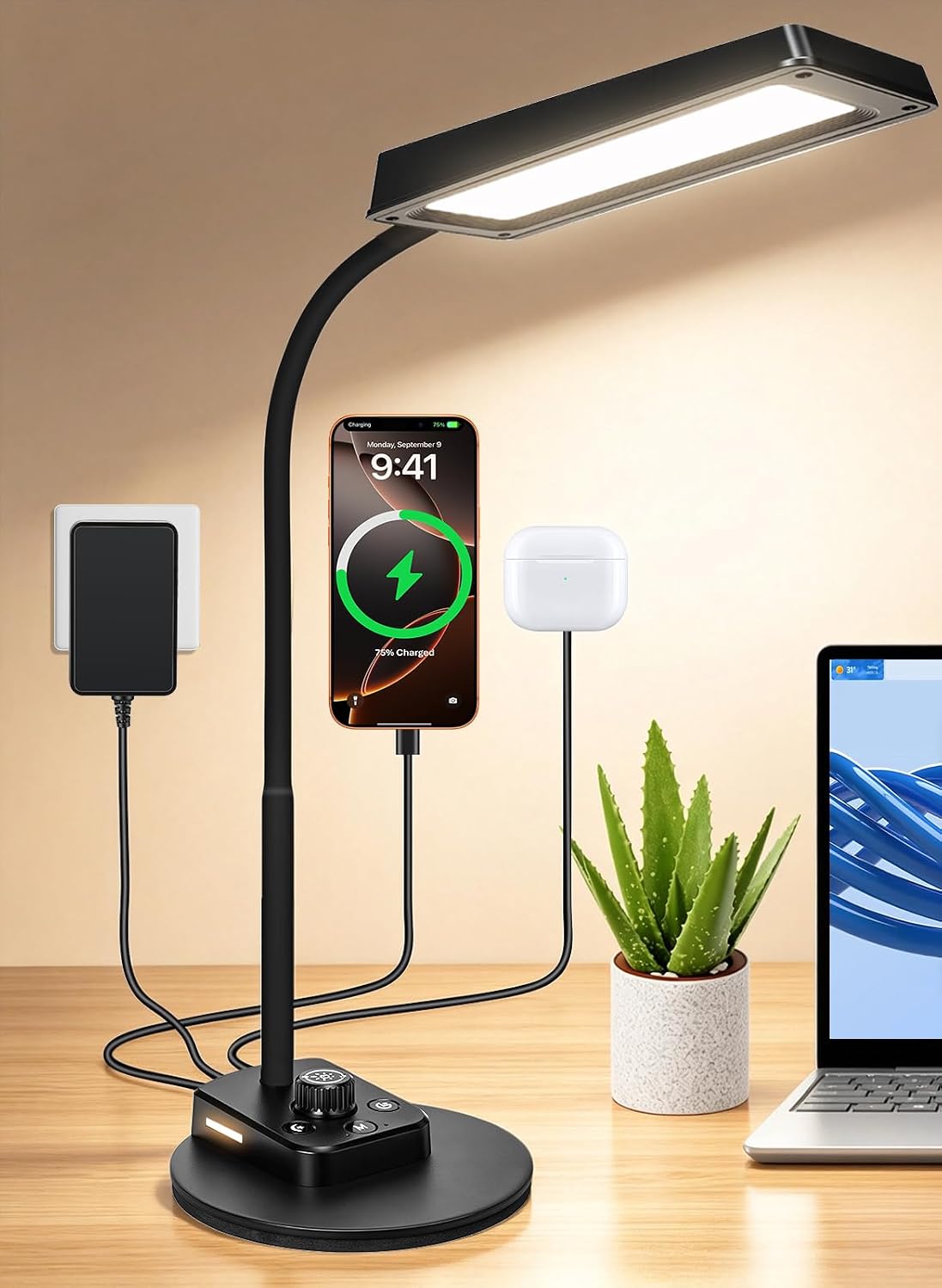 LED Desk Lamp, 12W/2000LM Desk Lamps for Home Office, Bright Gooseneck Desk Light for Work, Study & Reading, 5 Modes Dimmable & USB Port Table Lamp for Home, Crafts, Computer Light, Memory & Timer
