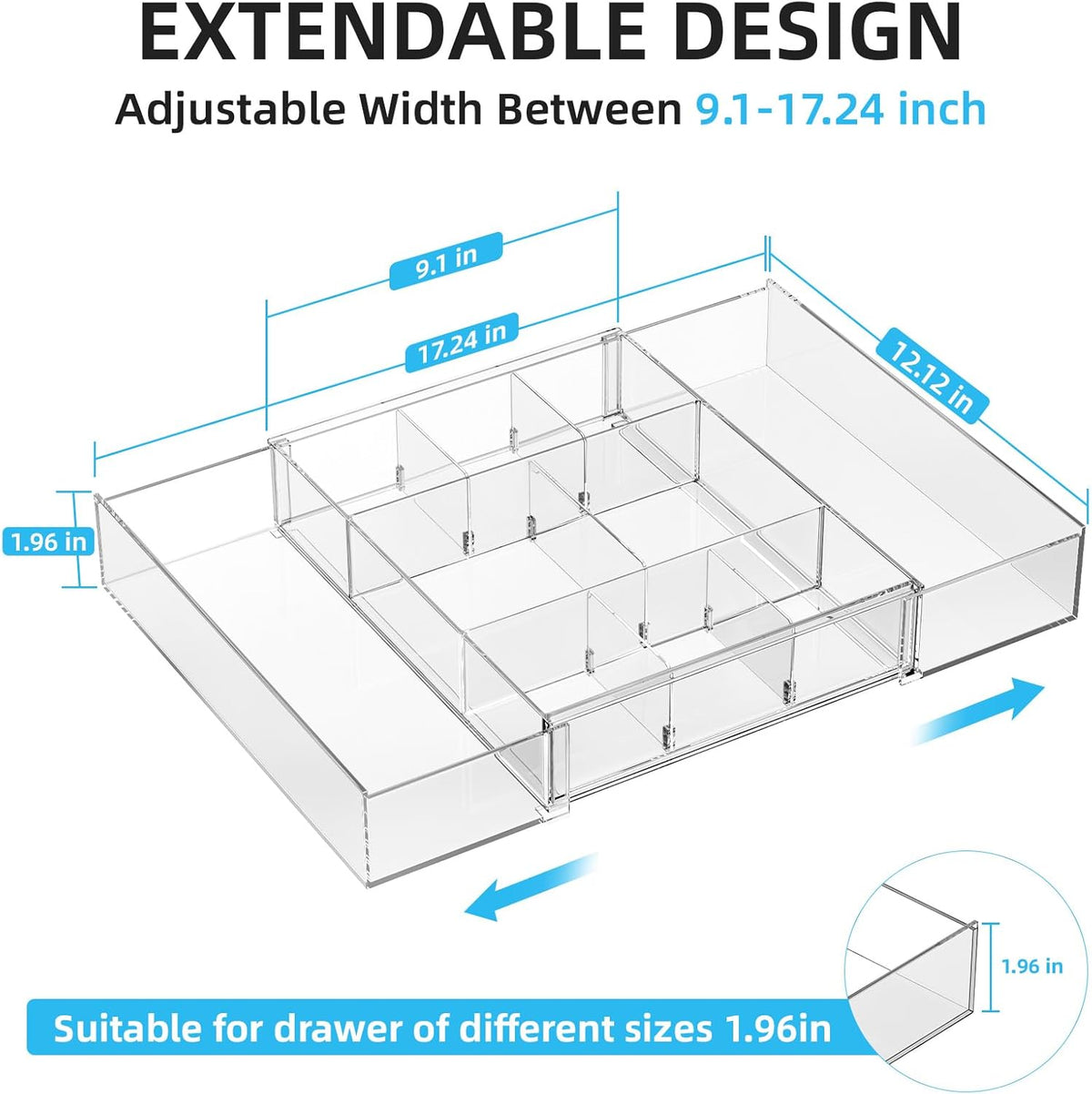 Marbrasse Expandable Desk Drawer Organizer, Clear Plastic Drawer Organizer Tray with 10 Adjustable Compartments, Desk Organizers and Accessories, 5 Drawer Dividers for Office Supplies (Clear-2P)