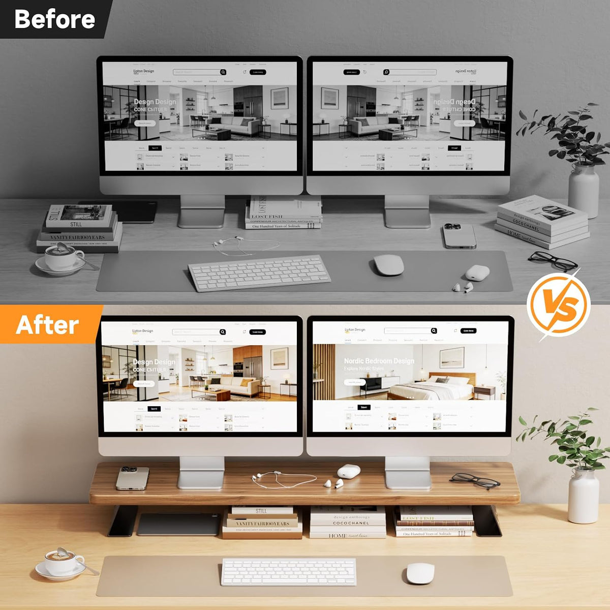 Dual Monitor Stand Riser, 39 Inch Large Wood Monitor Stands for 2 Monitors