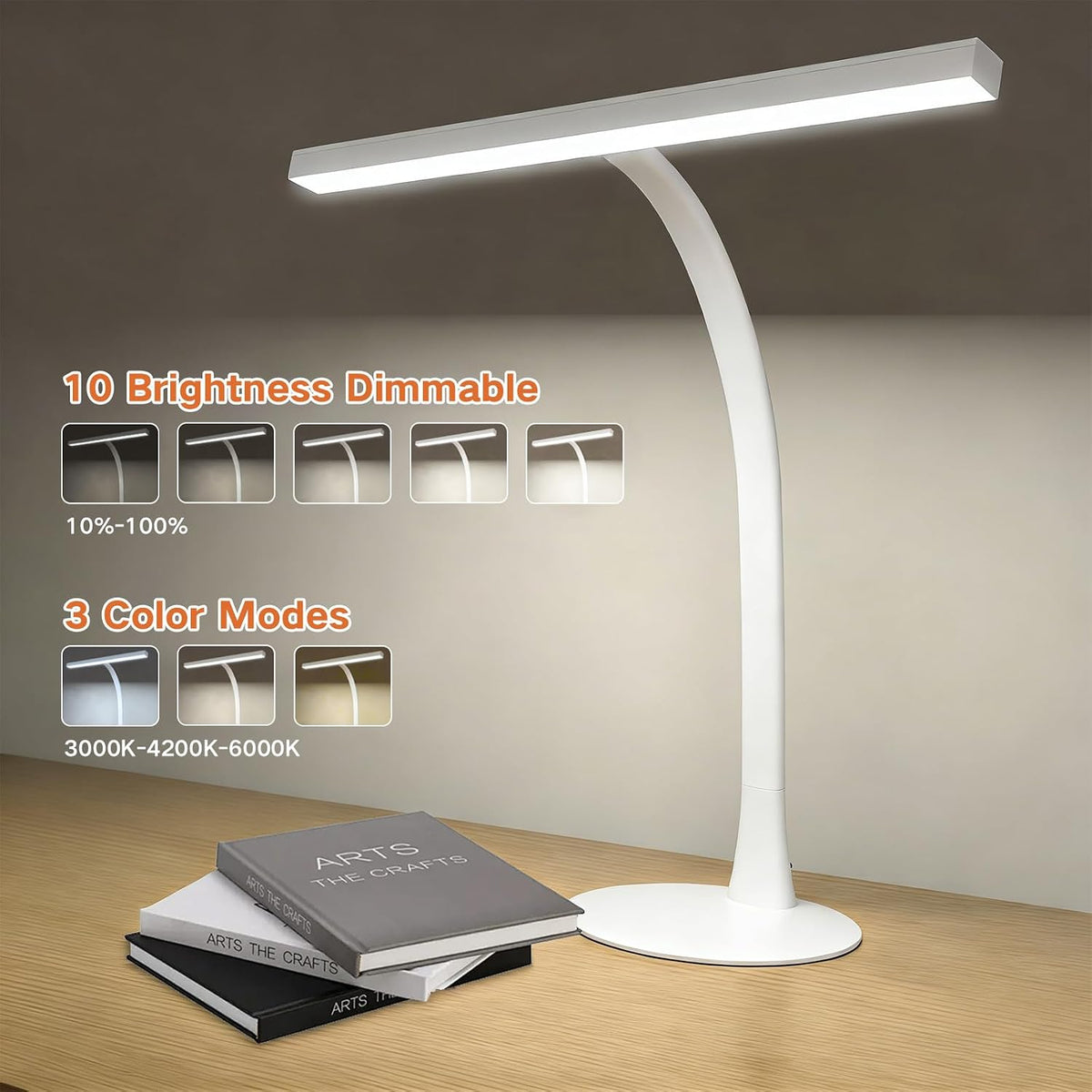 LED Desk Lamp for Home Office, 360° Flexible Gooseneck Desk Light with 3 Color Modes & 10 Brightness, Eye-Caring Adjustable Task Light for for Piano, Computer, Workbench, 10W, 1000LM (White)