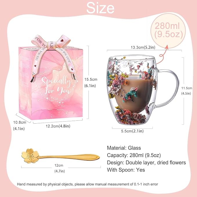 Gifts for Women Dried Flowers Double Wall Glass Coffee Mugs Cute Glass Tea Cups