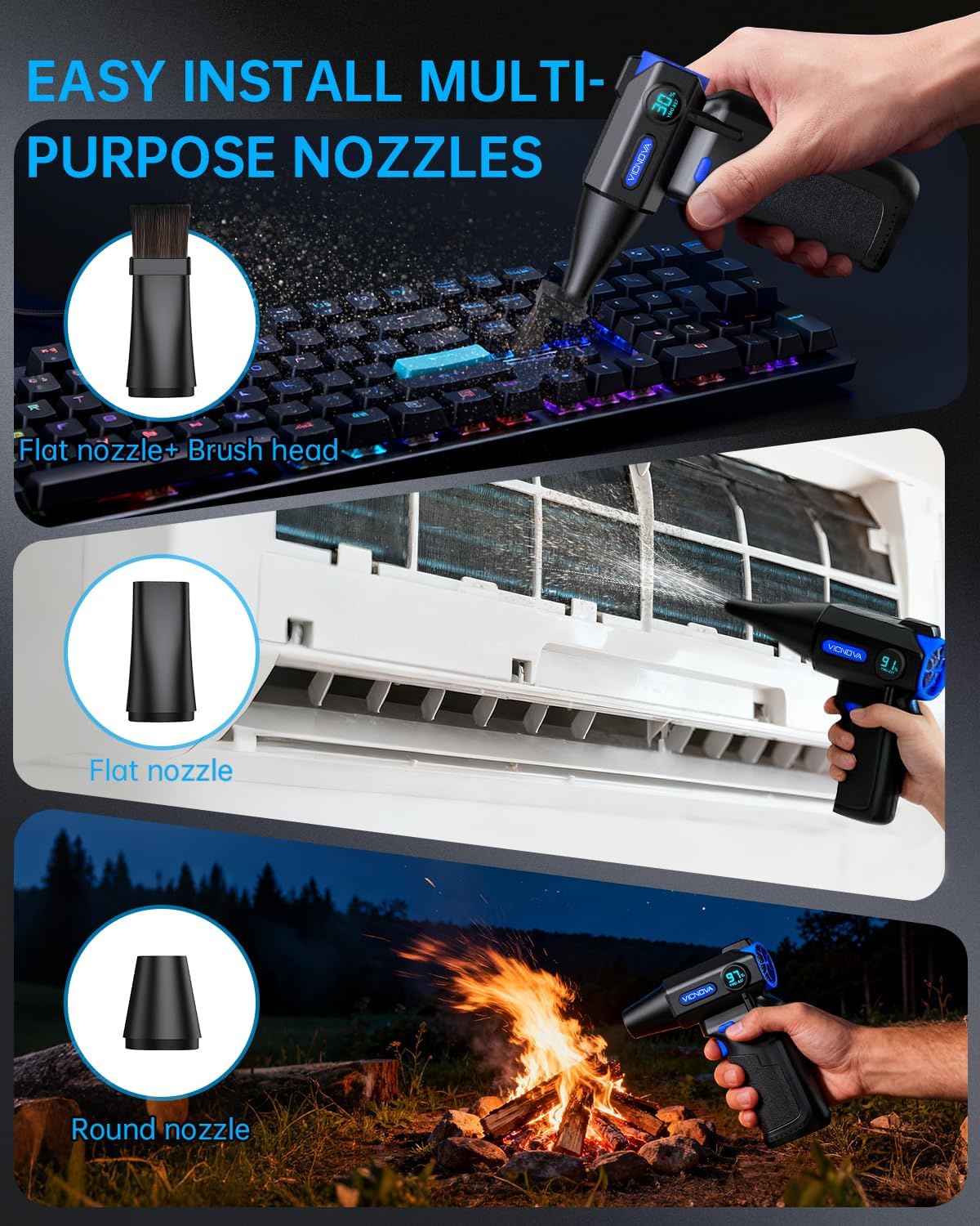 VICNOVA Compressed Air Duster, 150000RPM 3-Gear Brushless Motor Cordless Electric Air Blower, Rechargeable Air Blower with LED Light for PC, Computer, Laptop, Keyboard, Car Cleaning, Gifts for Men