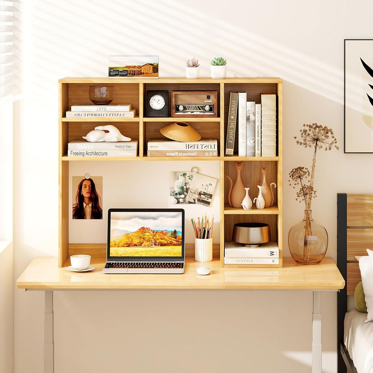MAT EXPERT Wooden Desktop Bookshelf, Countertop Desk Hutch w/ 7 Cubes & Adjustable Shelves, Anti-toppling Kits, Table Top Organizer Shelf Fits Monitors up to 27” for Dorm, Office, Study (Burlywood)