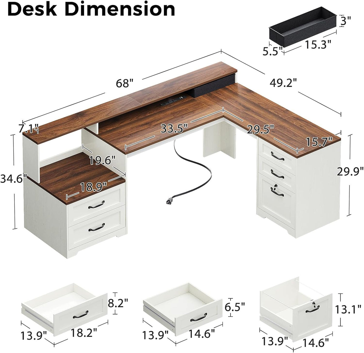 OffiGo Farmhouse 68 Inch L Shaped Executive Desk with Drawers, Walnut+White