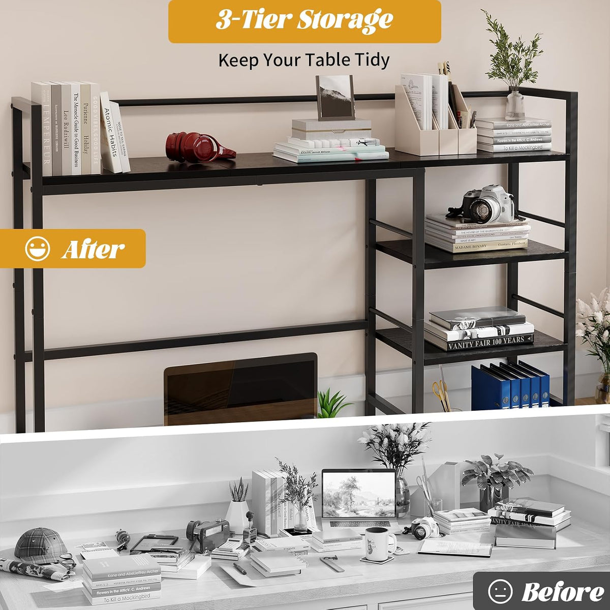 HavenlyYouth Desk Shelf, 45.4 Inch Wood Desk Organizer Shelf for Computer Monitor, Desk Hutch Storage, Desktop Shelf for Top of Desk, 3 Tier Desktop Bookshelf for Home Office Dorm, Black