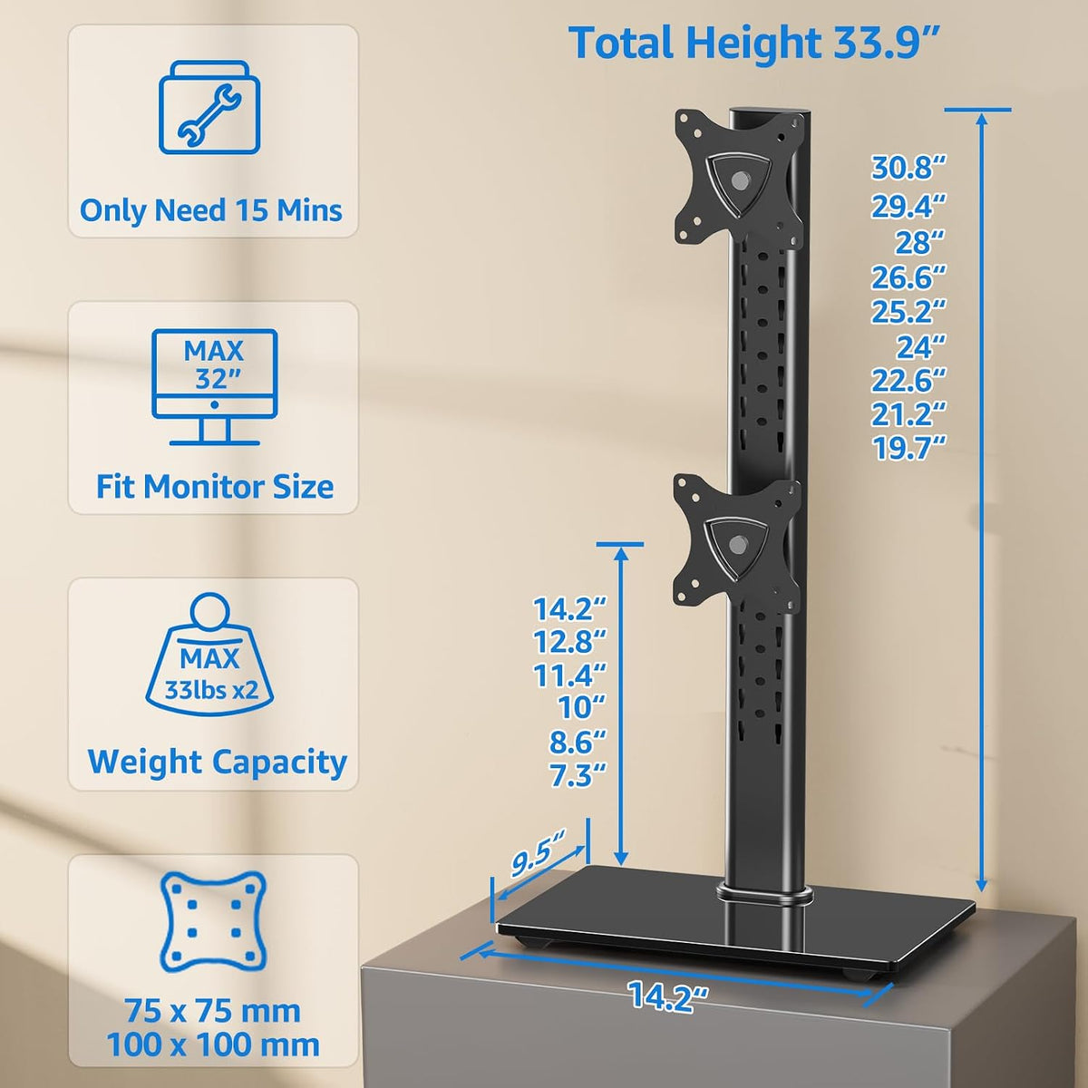 MOUNTUP Vertical Dual Monitor Stand, Stack Two Screens up to 32 inches,33 Lbs, Free-Standing Monitor Desk Mount, Monitor Riser with Swivel, Tilt, Height Adjustable, VESA Stand 100 x 100mm, 75 x 75mm
