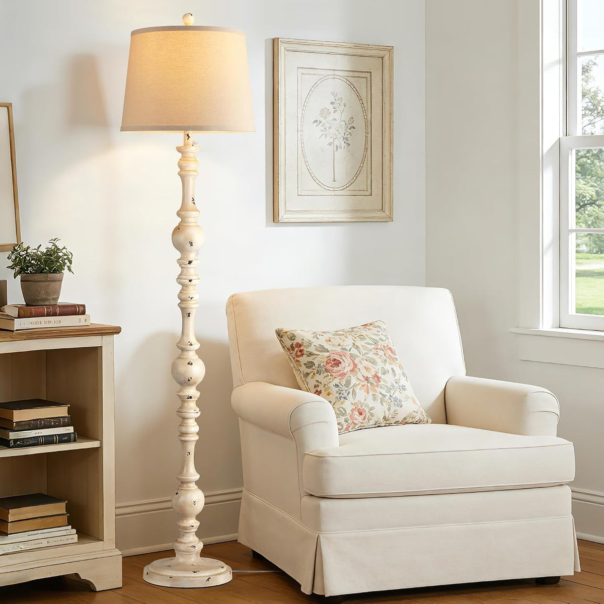 QiMH 61" Vintage Floor Lamp for Living Room, Farmhouse Lamps, Shabby White