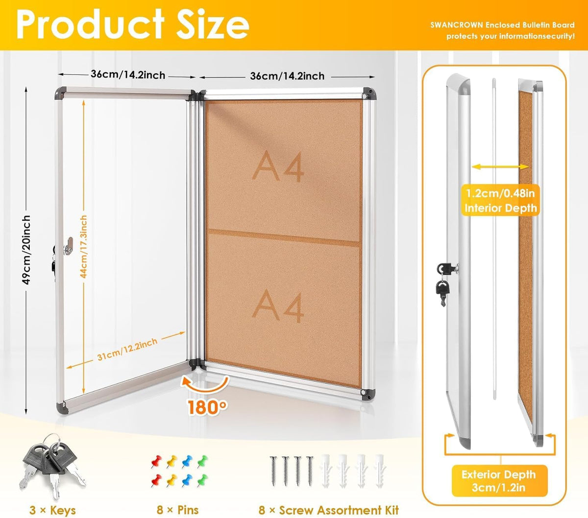SWANCROWN 20x14 in Enclosed Bulletin Board, Lockable Cork Noticeboard 2xA4