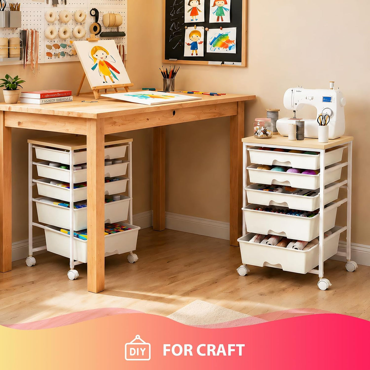 Goovilla Rolling Cart with 5 Drawers for Craft, Art, Dorm, Office, White