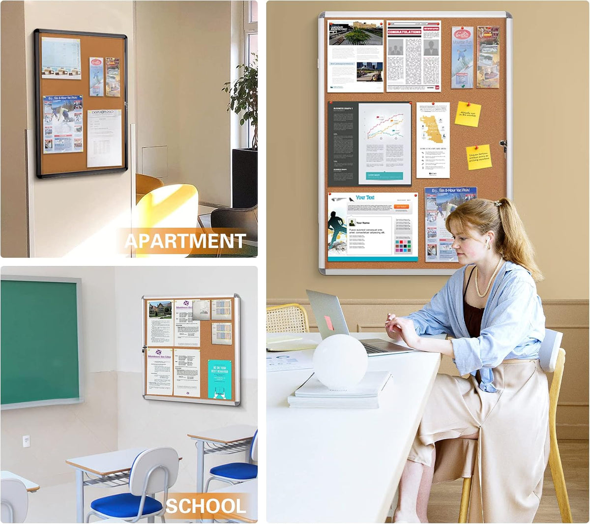 SWANCROWN 20x14 in Enclosed Bulletin Board, Lockable Cork Noticeboard 2xA4