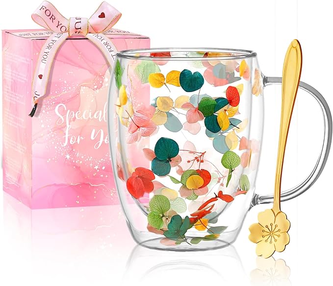 Gifts for Women Dried Flowers Double Wall Glass Coffee Mugs Cute Glass Tea Cups