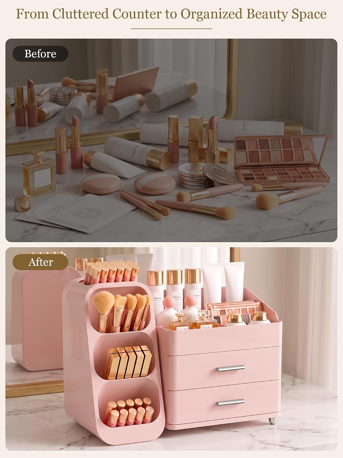Booklov Large Makeup Organizer for Vanity Countertop, Pink