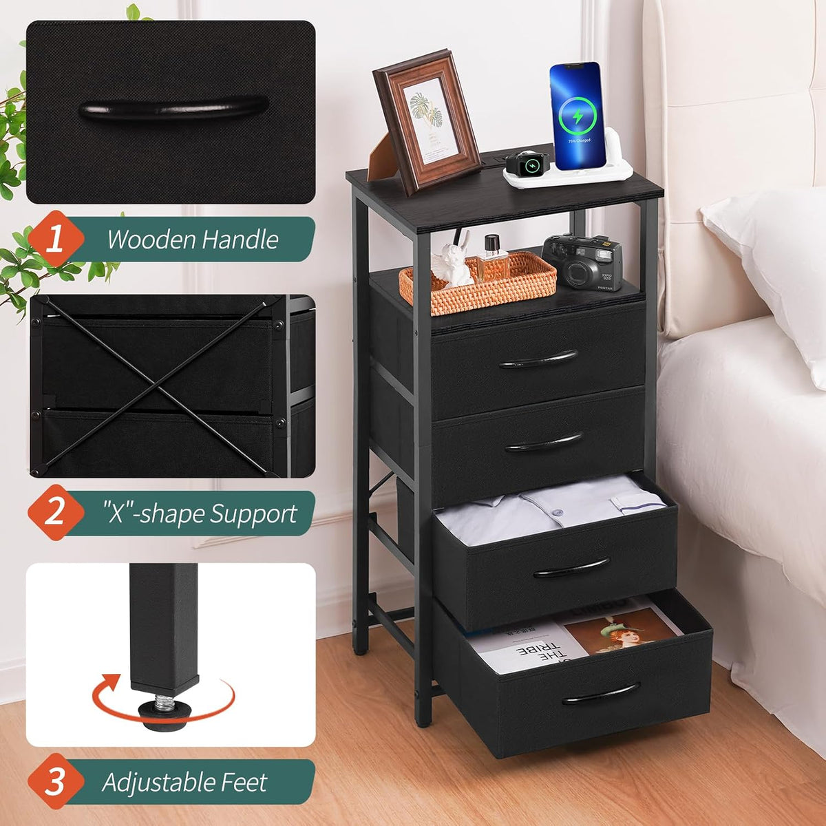 Yoobure Night Stand - Black Nightstand with Charging Station, Small Dresser