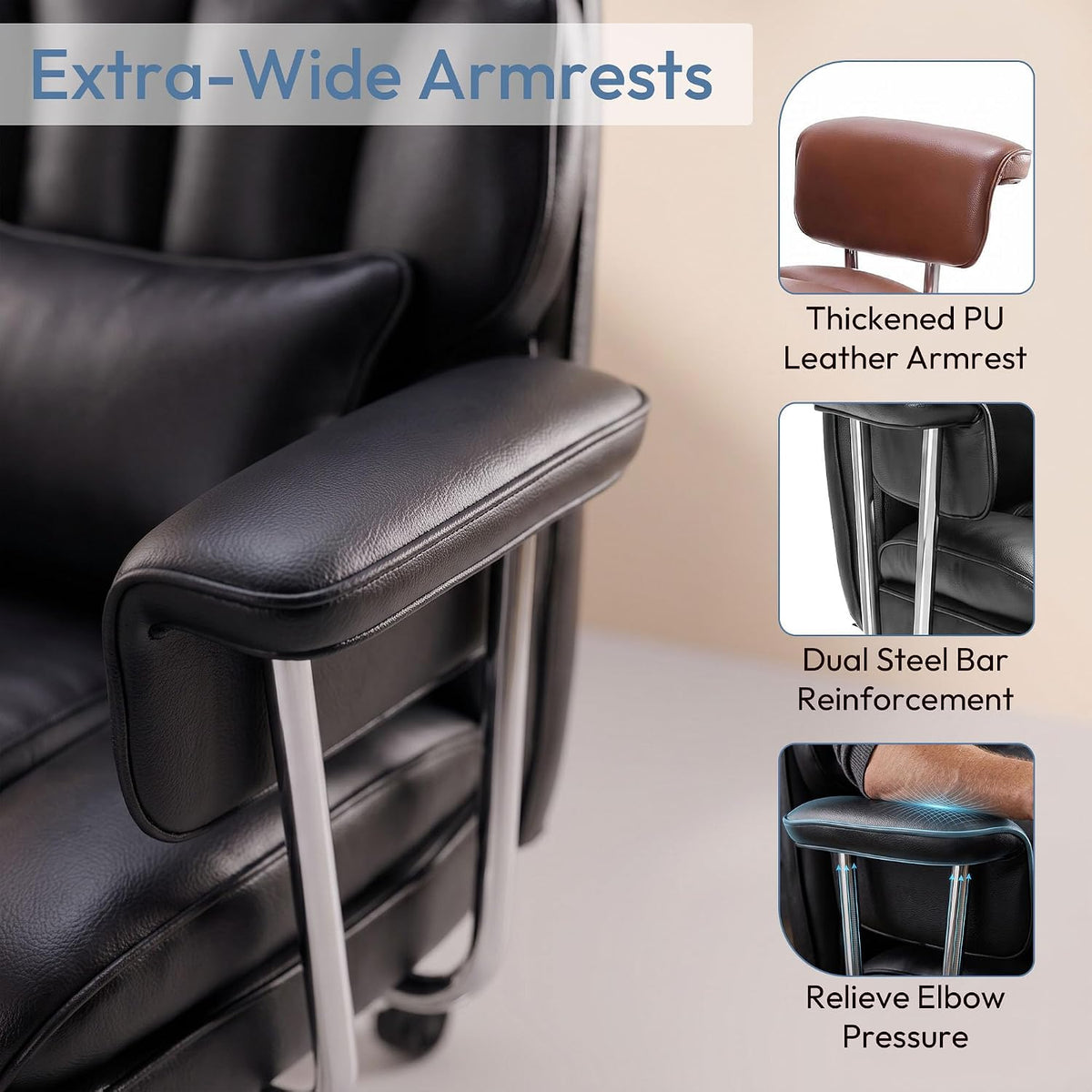 Big and Tall Office Chair, Ergonomic Leather Recliner Computer Chair, Black