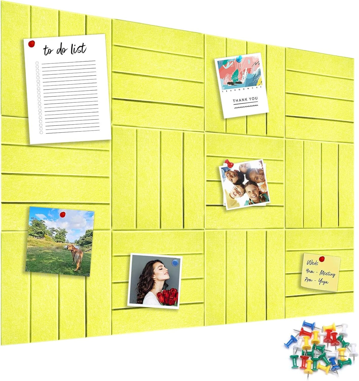 12 Packs Yellow Felt Pin Board, Large 12" Bulletin Board with 30 Push Pins, Felt Board Slat Wall Paneling for Office Home Kitchen, Self-Adhesive Corkboard Tiles for Classroom Message Photos Memos