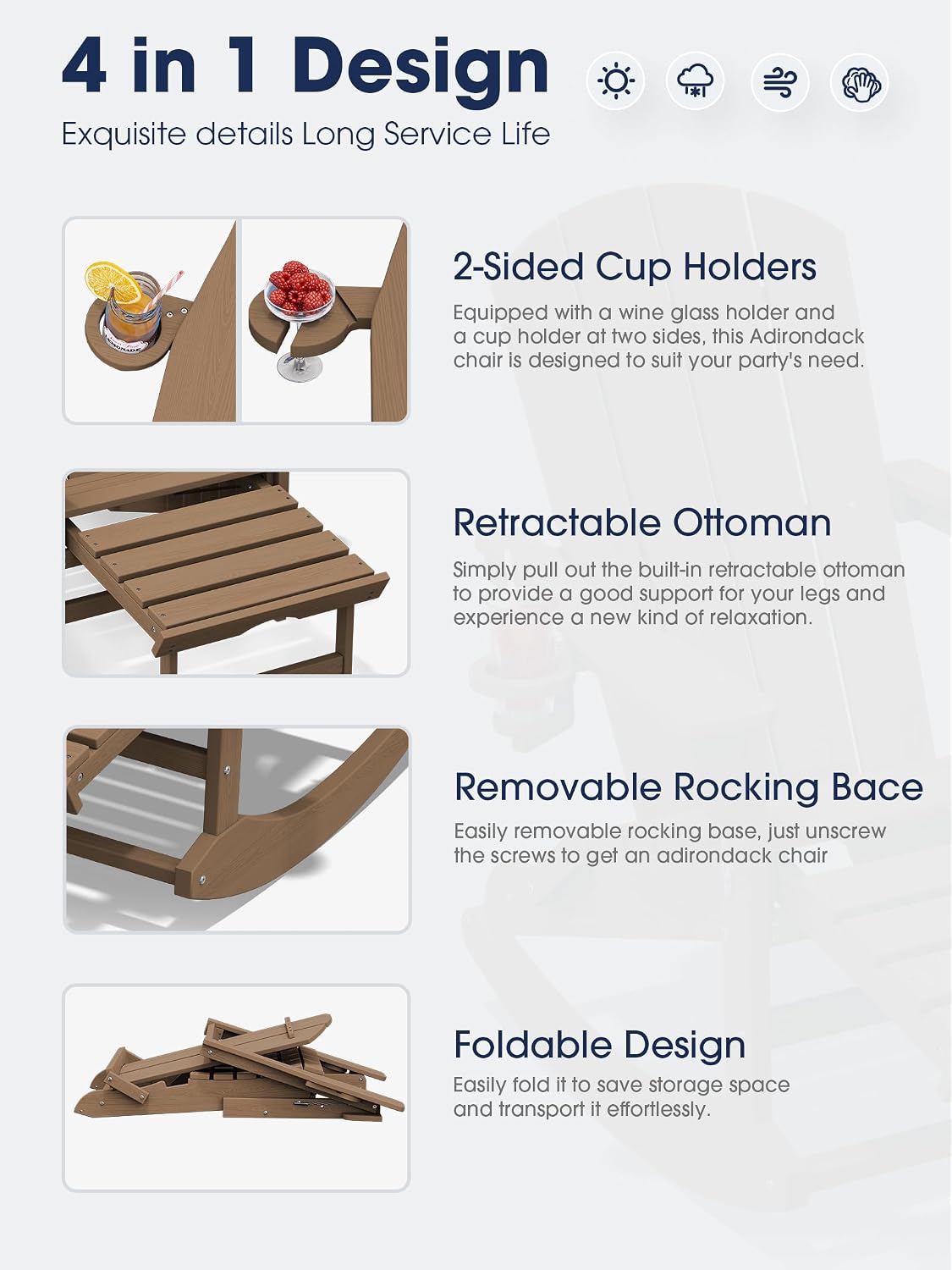 KINGYES HDPE Adirondack Rocking Chair with Footrest and Cup Holders