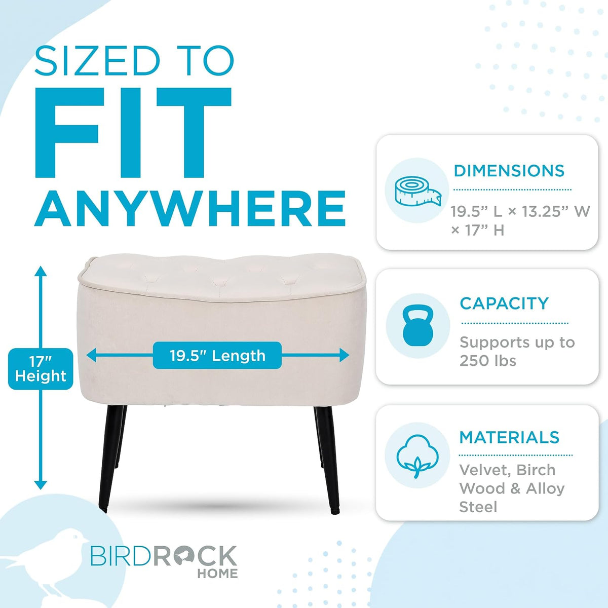 BIRDROCK HOME Tufted Curve Ottoman Velvet Foot Stool - Modern Upholstered Padded Footrest for Living Room or Bedroom - Small Cushioned Accent Chair for Couch, Sofa, or Extra Seating (Tan)