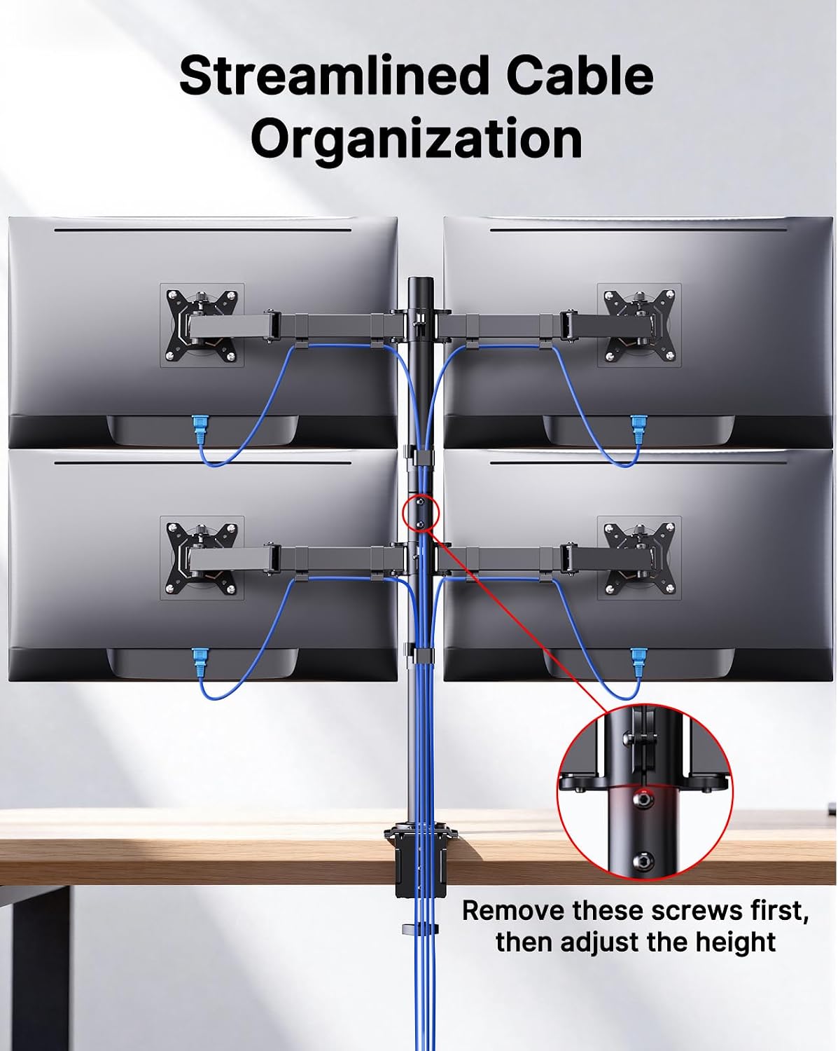 HUANUO Quad Monitor Mount for 13-32 Inch Screens, 4 Monitor Stand with Larger Base, Holds 22 lbs per Arm, Fully Adjustable Stacked Mount, Tilt Swivel Rotation, VESA 75x75/100x100mm, Cable Management