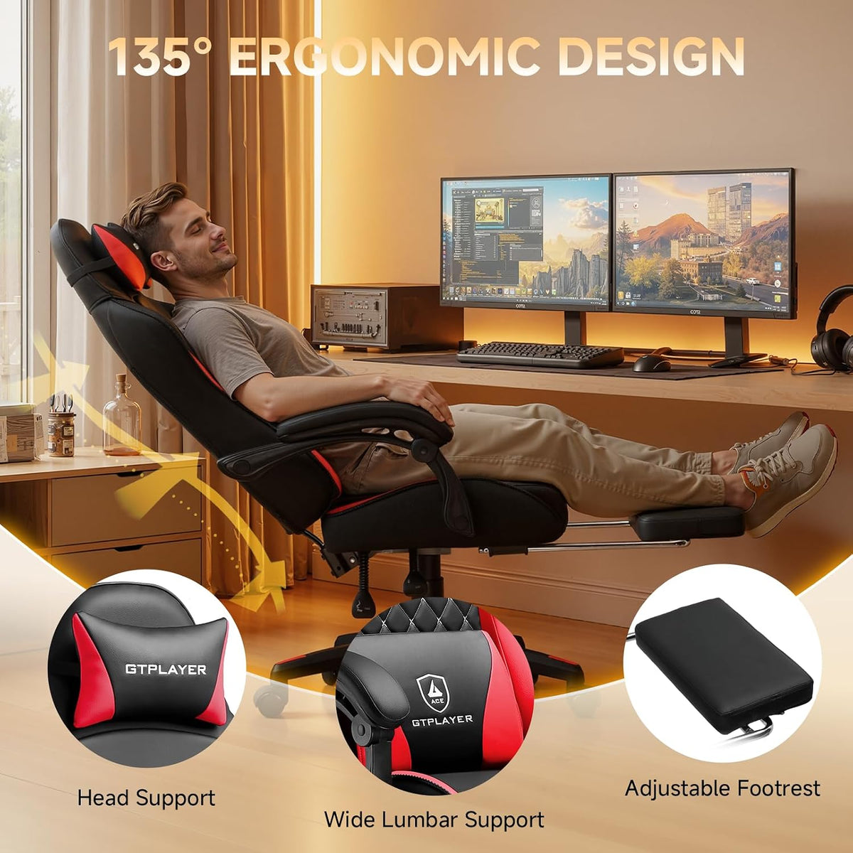 GTPLAYER Gaming Chair, High Back Leather Computer Gaming Chair with Footrest, Ergonomic Height Adjustable Office Chair with Removable Cover and Lumbar Support for Gaming & Work,RED